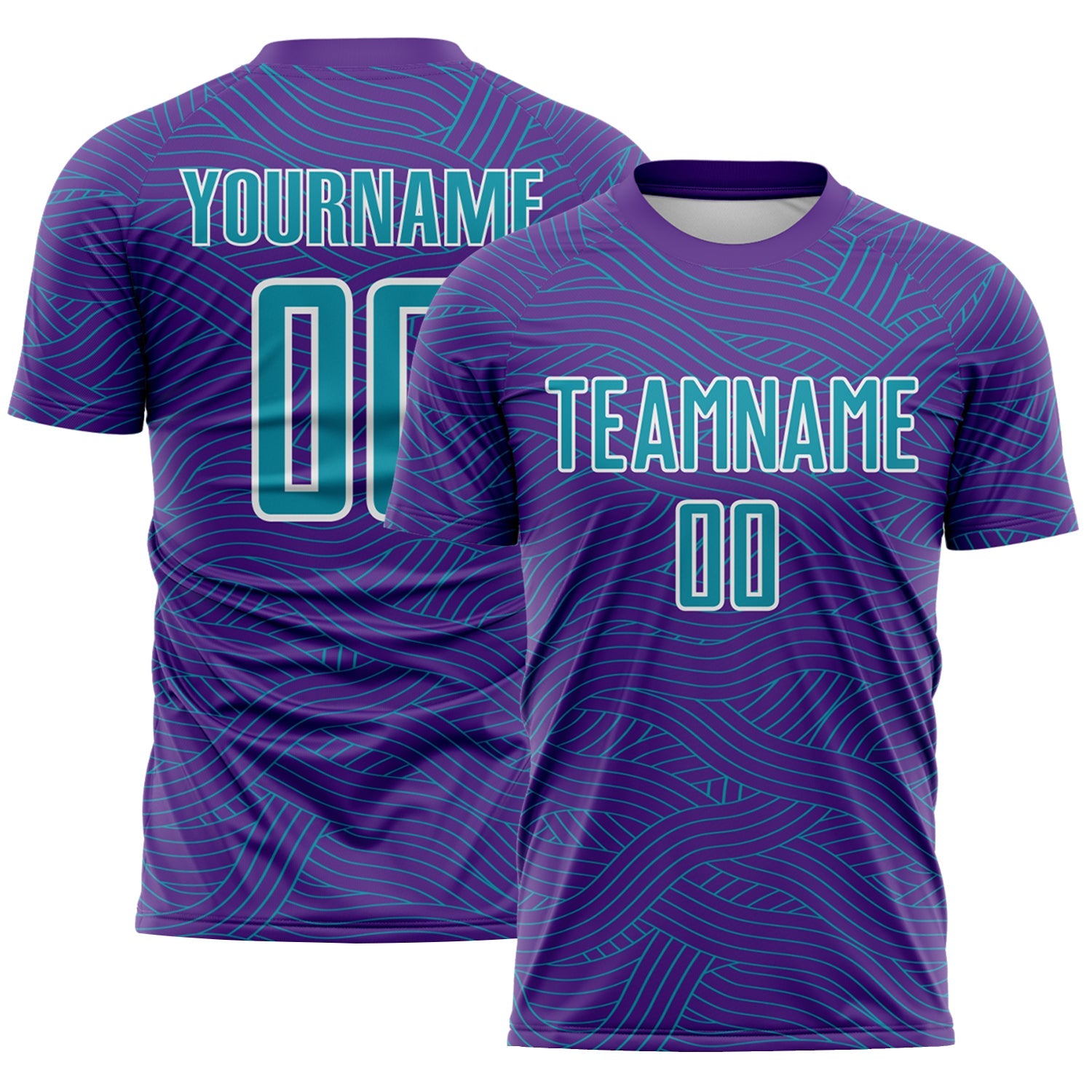 Custom Purple Teal-White Abstract Wave Lines Interlocking Sublimation Soccer Uniform Jersey - Main View