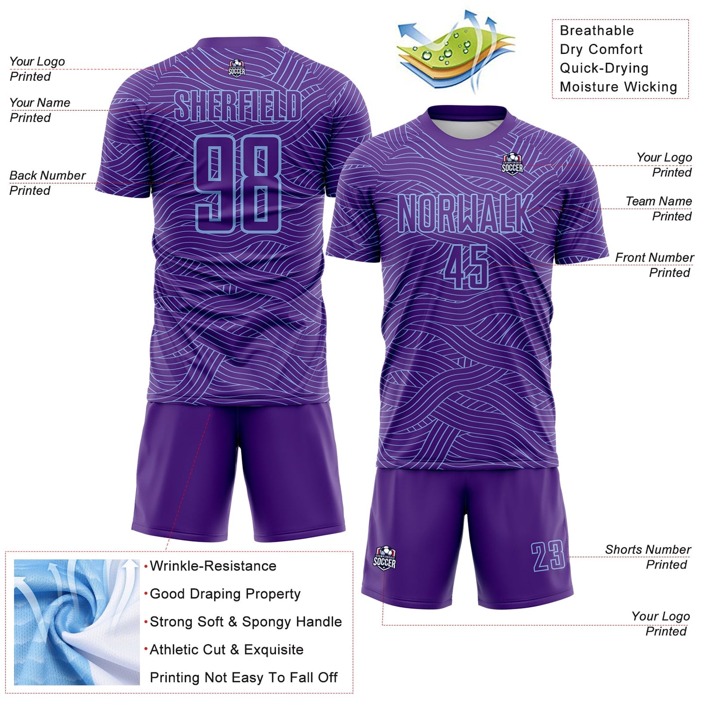Custom Purple-Light Blue Abstract Wave Lines Interlocking Sublimation Soccer Uniform Jersey view 4