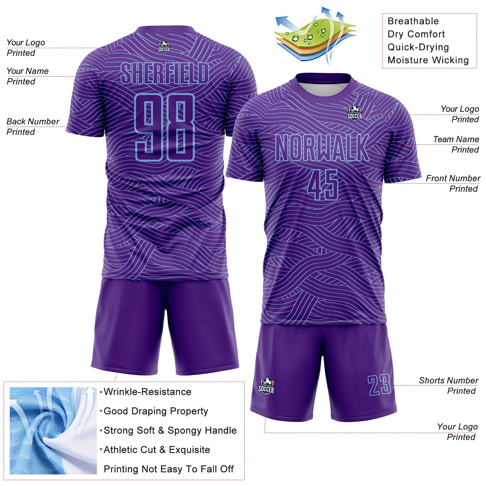 Custom Purple-Light Blue Abstract Wave Lines Interlocking Sublimation Soccer Uniform Jersey view 4