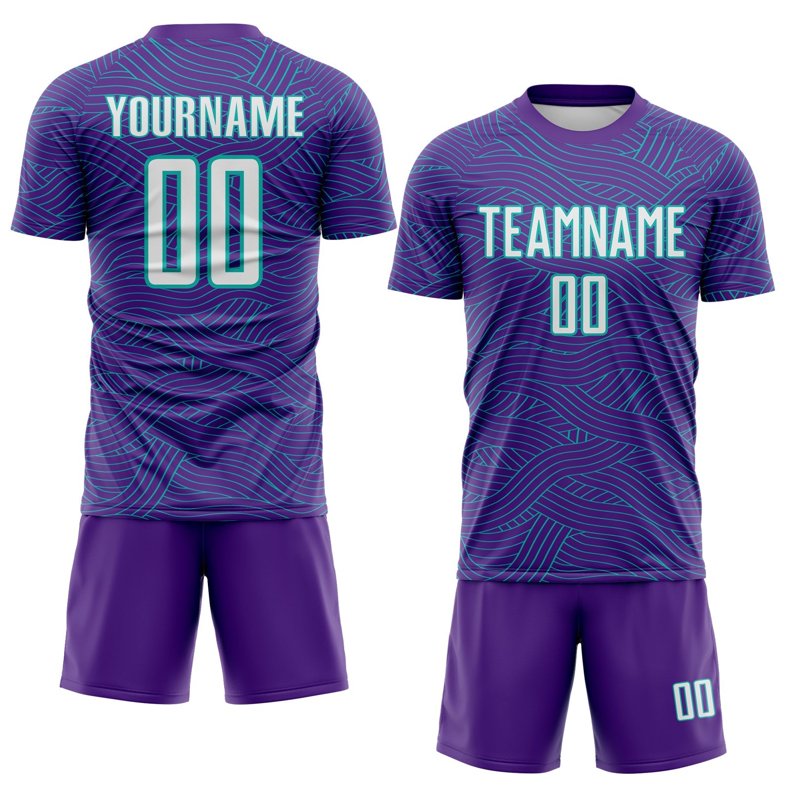 Custom Purple White-Aqua Abstract Wave Lines Interlocking Sublimation Soccer Uniform Jersey view 2