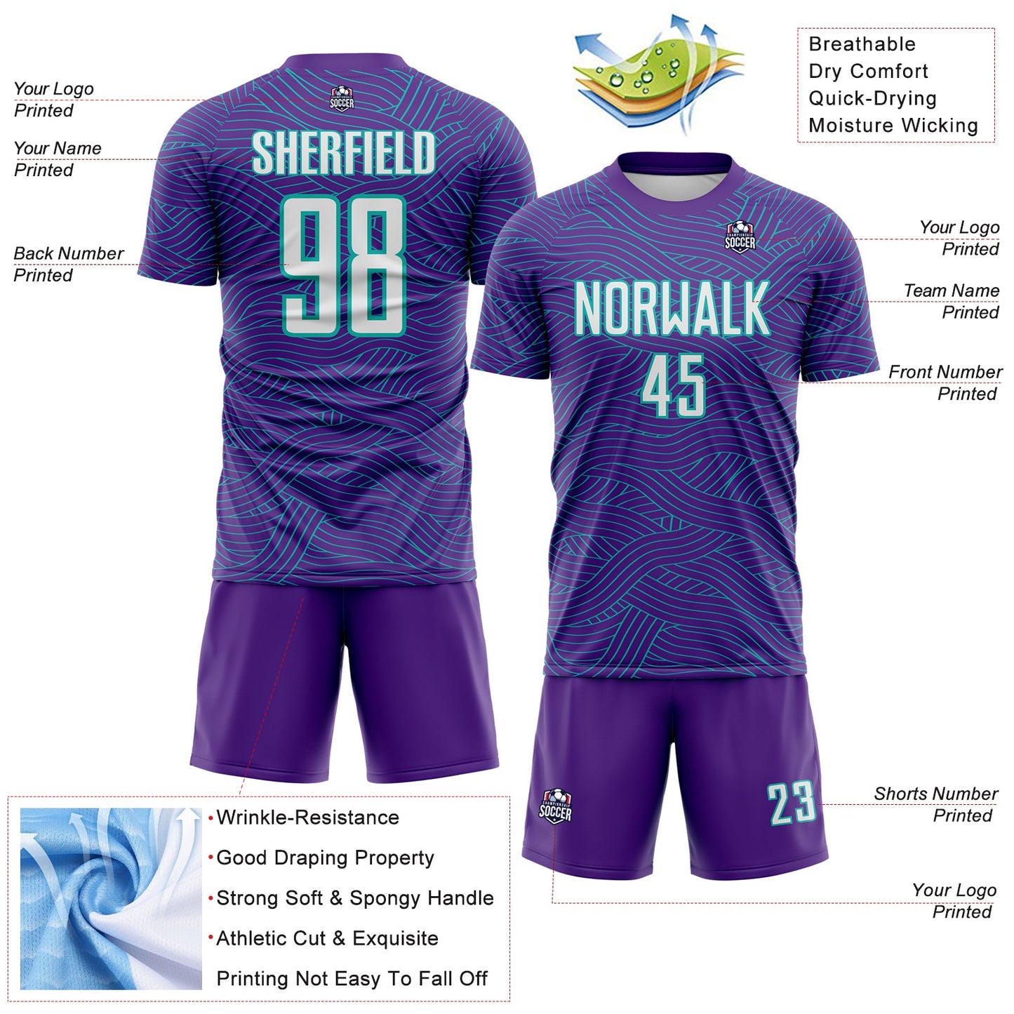Custom Purple White-Aqua Abstract Wave Lines Interlocking Sublimation Soccer Uniform Jersey view 4