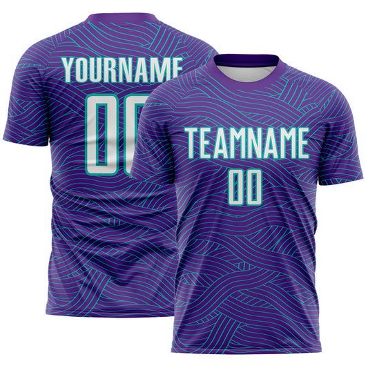 Custom Purple White-Aqua Abstract Wave Lines Interlocking Sublimation Soccer Uniform Jersey - Main View