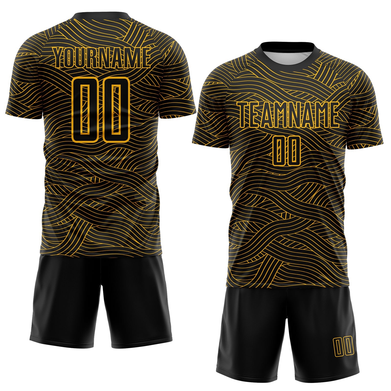 Custom Black-Gold Abstract Wave Lines Interlocking Sublimation Soccer Uniform Jersey view 2