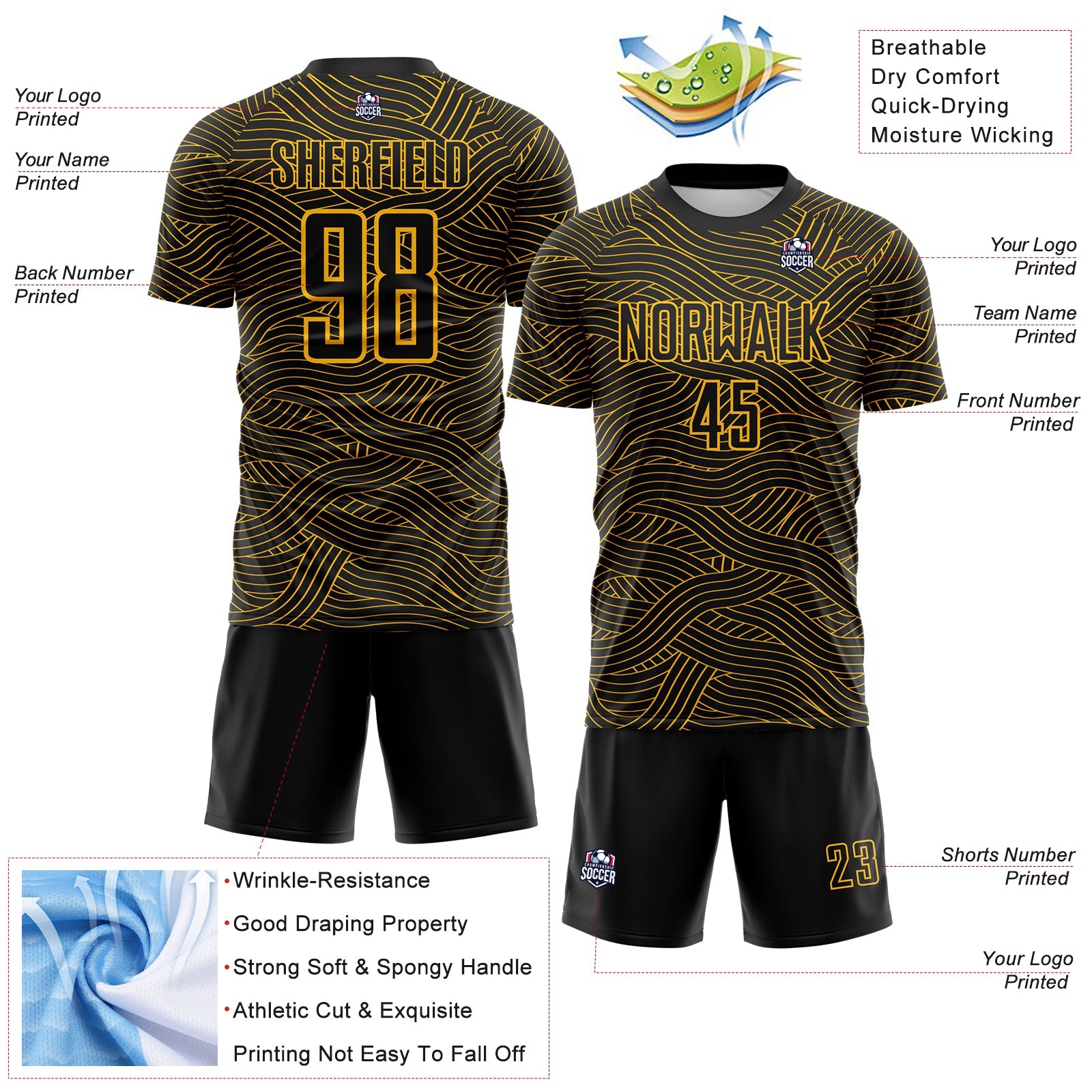 Custom Black-Gold Abstract Wave Lines Interlocking Sublimation Soccer Uniform Jersey view 4