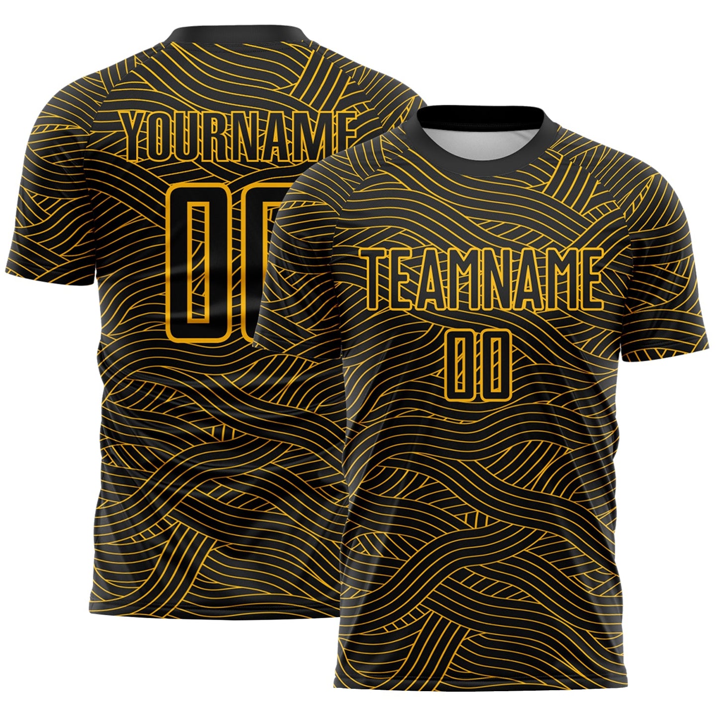 Custom Black-Gold Abstract Wave Lines Interlocking Sublimation Soccer Uniform Jersey - Main View