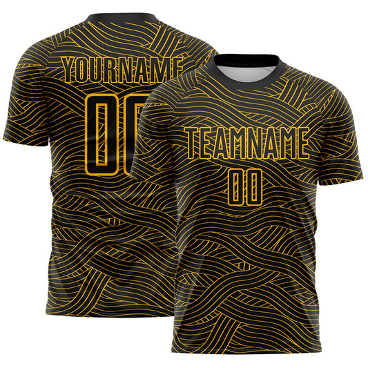 Custom Black-Gold Abstract Wave Lines Interlocking Sublimation Soccer Uniform Jersey - Main View