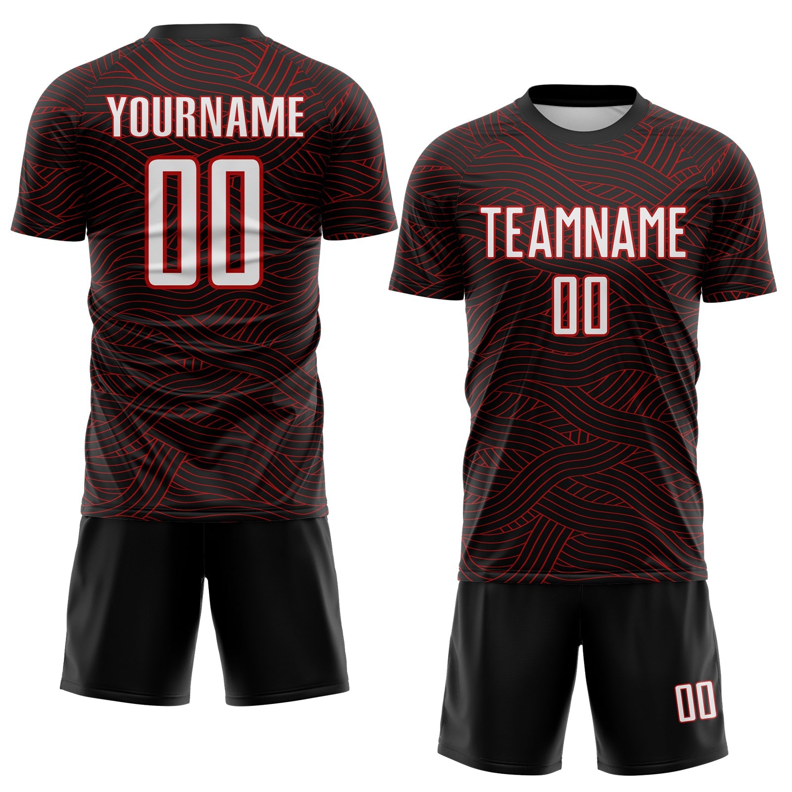 Custom Black White-Red Abstract Wave Lines Interlocking Sublimation Soccer Uniform Jersey view 2