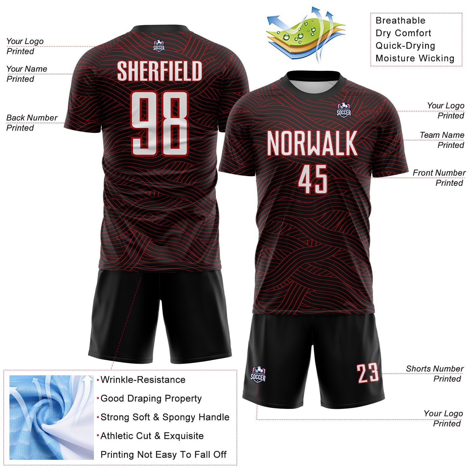 Custom Black White-Red Abstract Wave Lines Interlocking Sublimation Soccer Uniform Jersey view 4