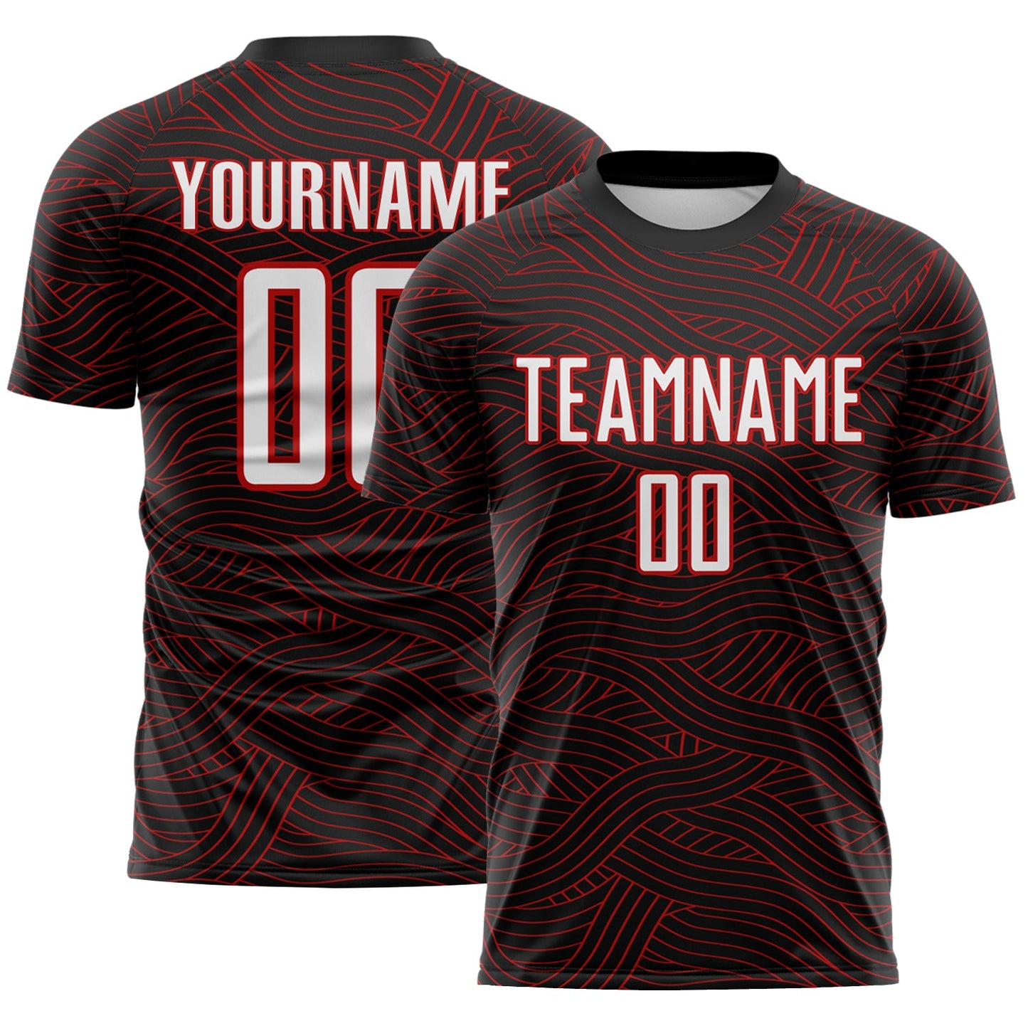 Custom Black White-Red Abstract Wave Lines Interlocking Sublimation Soccer Uniform Jersey - Main View