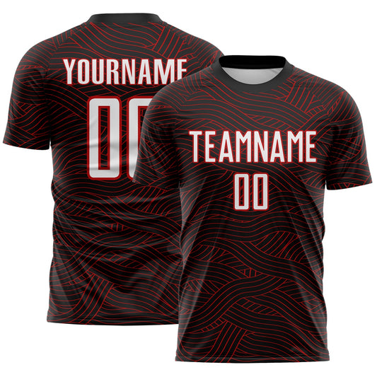 Custom Black White-Red Abstract Wave Lines Interlocking Sublimation Soccer Uniform Jersey - Main View