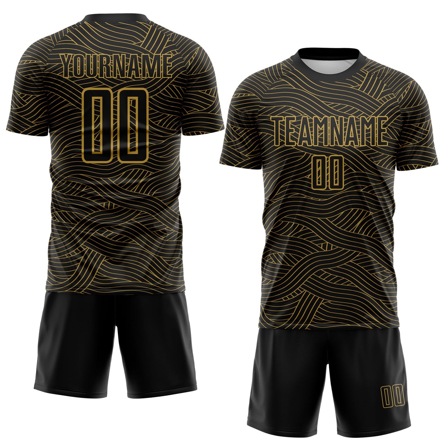 Custom Black-Old Gold Abstract Wave Lines Interlocking Sublimation Soccer Uniform Jersey view 2