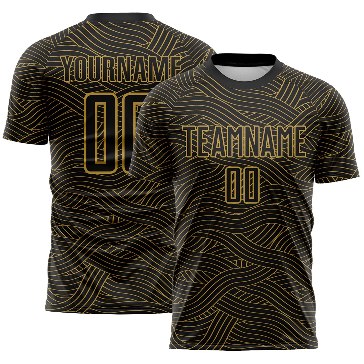 Custom Black-Old Gold Abstract Wave Lines Interlocking Sublimation Soccer Uniform Jersey - Main View