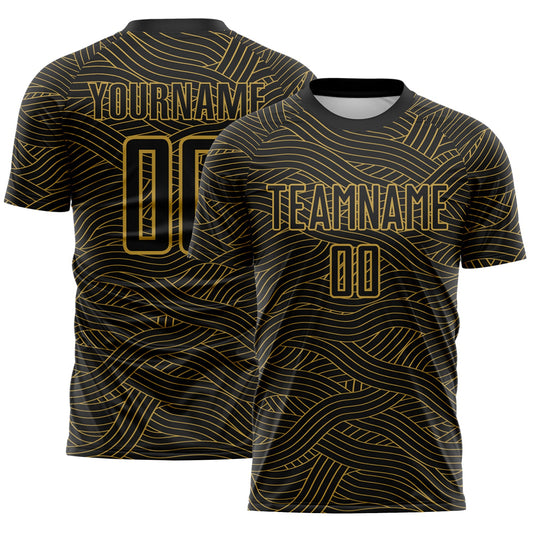 Custom Black-Old Gold Abstract Wave Lines Interlocking Sublimation Soccer Uniform Jersey - Main View