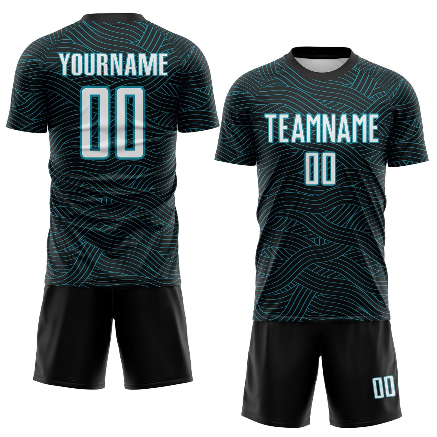 Custom Black White-Teal Abstract Wave Lines Interlocking Sublimation Soccer Uniform Jersey view 2