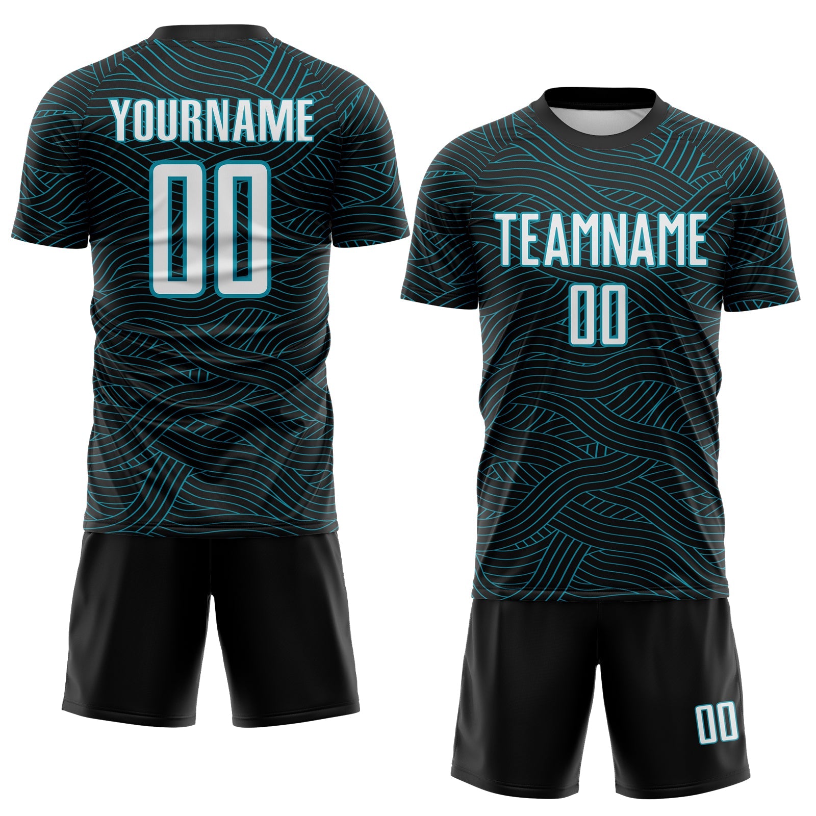 Custom Black White-Teal Abstract Wave Lines Interlocking Sublimation Soccer Uniform Jersey view 2