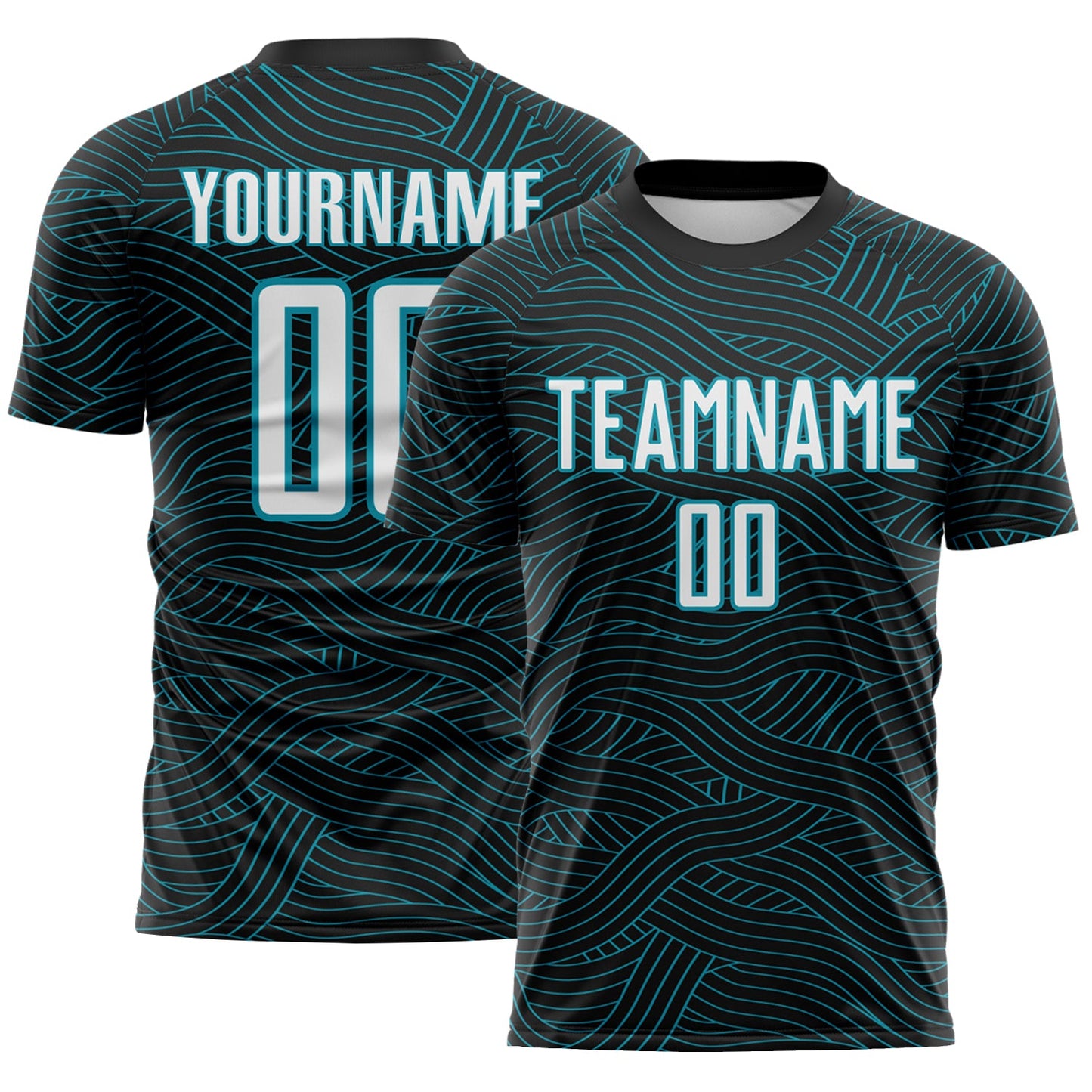 Custom Black White-Teal Abstract Wave Lines Interlocking Sublimation Soccer Uniform Jersey - Main View