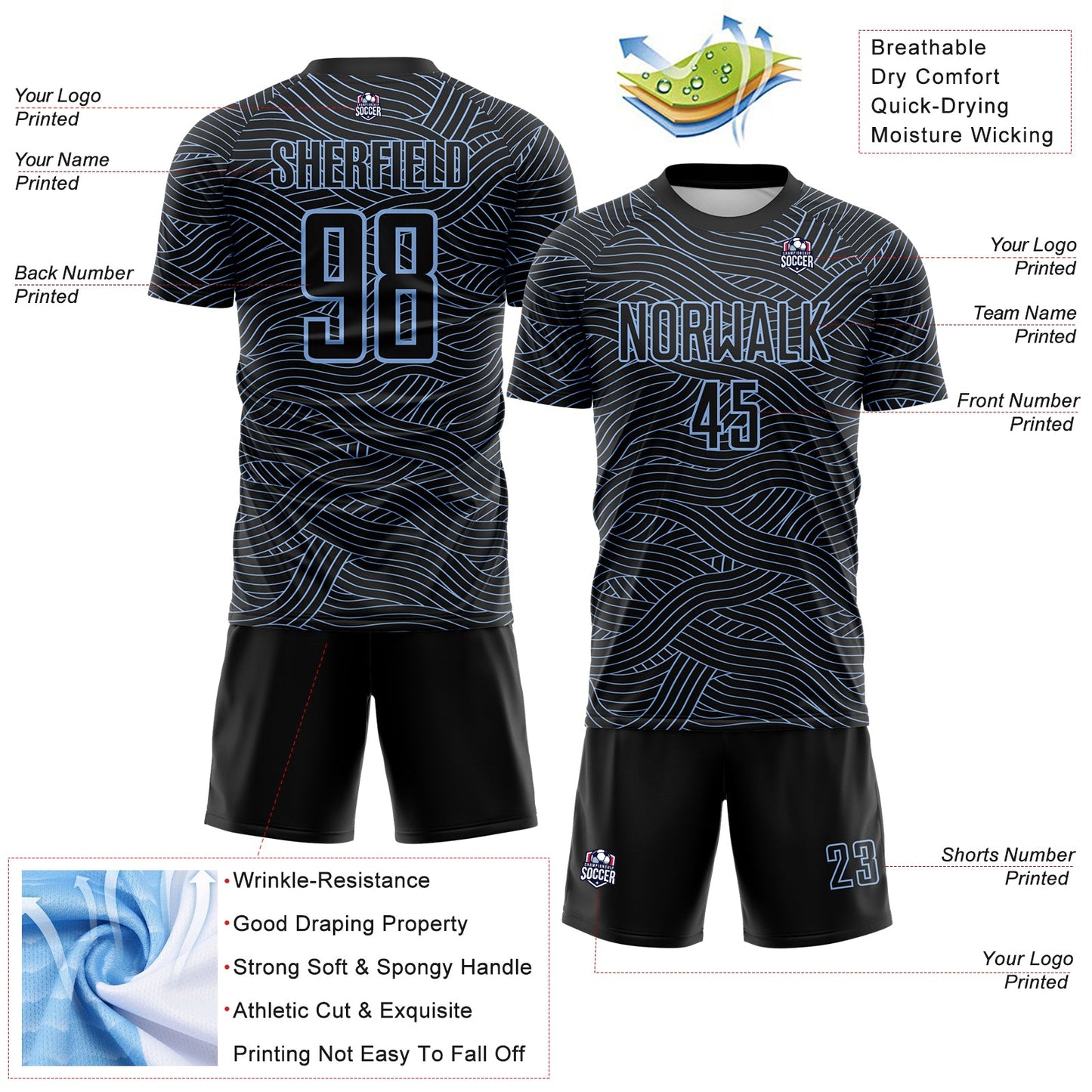 Custom Black-Light Blue Abstract Wave Lines Interlocking Sublimation Soccer Uniform Jersey view 4