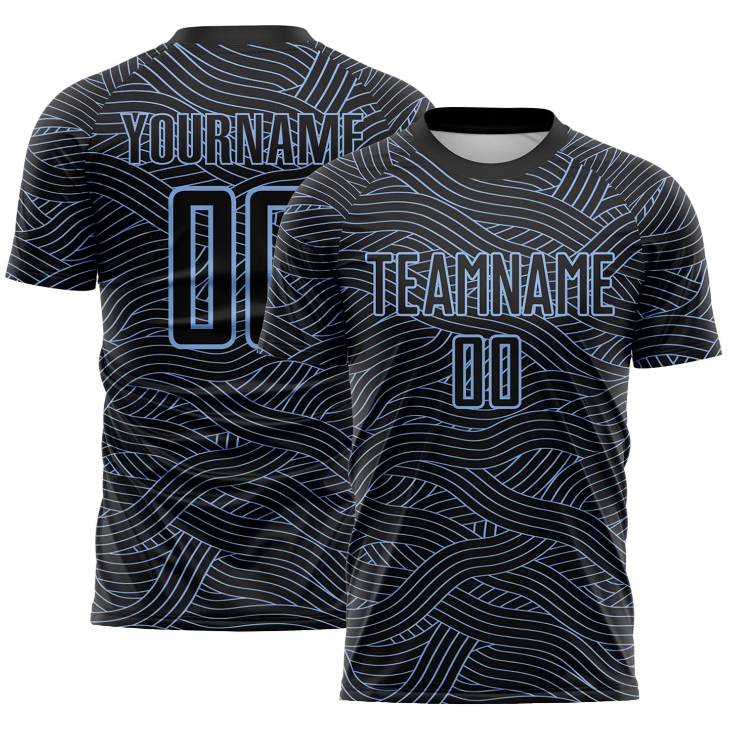 Custom Black-Light Blue Abstract Wave Lines Interlocking Sublimation Soccer Uniform Jersey - Main View