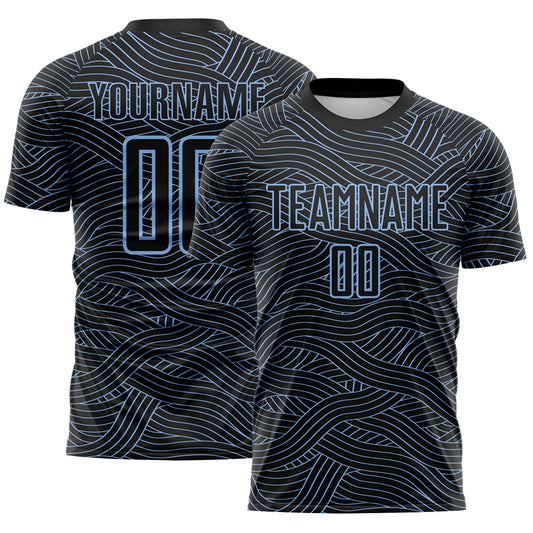 Custom Black-Light Blue Abstract Wave Lines Interlocking Sublimation Soccer Uniform Jersey - Main View