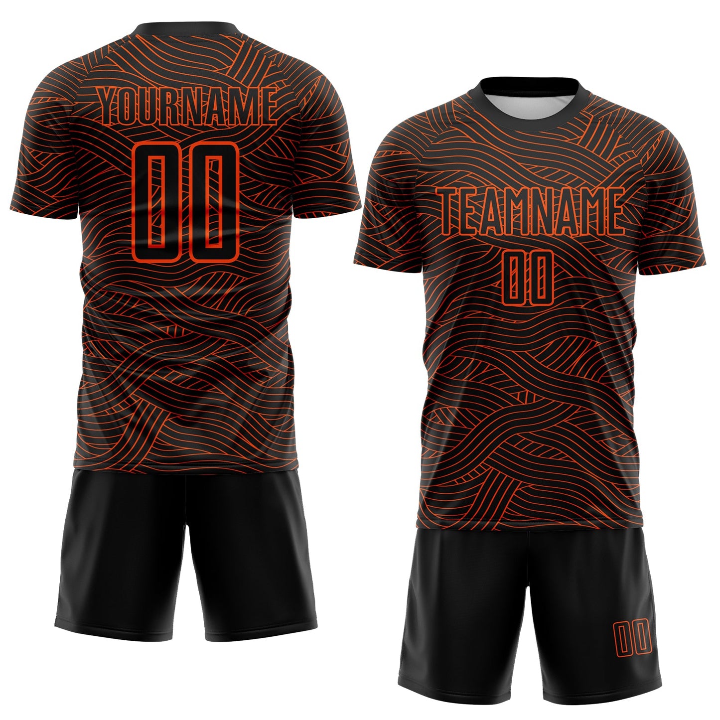 Custom Black-Orange Abstract Wave Lines Interlocking Sublimation Soccer Uniform Jersey view 2