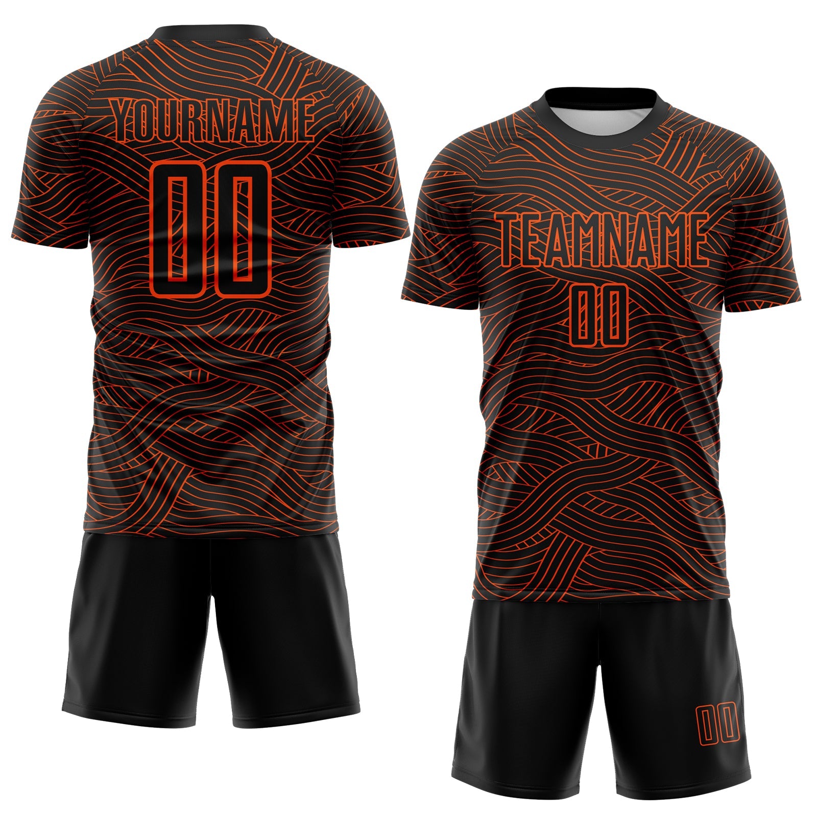 Custom Black-Orange Abstract Wave Lines Interlocking Sublimation Soccer Uniform Jersey view 2