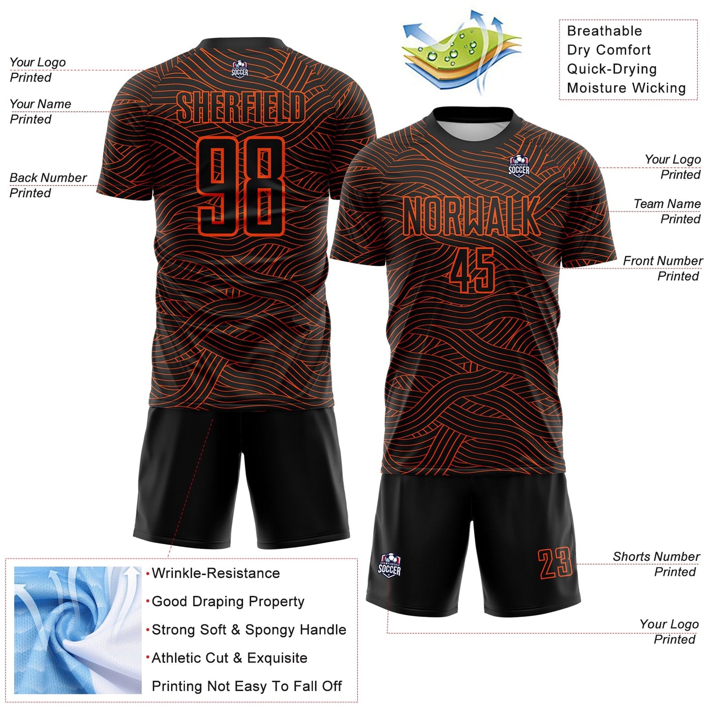 Custom Black-Orange Abstract Wave Lines Interlocking Sublimation Soccer Uniform Jersey view 4