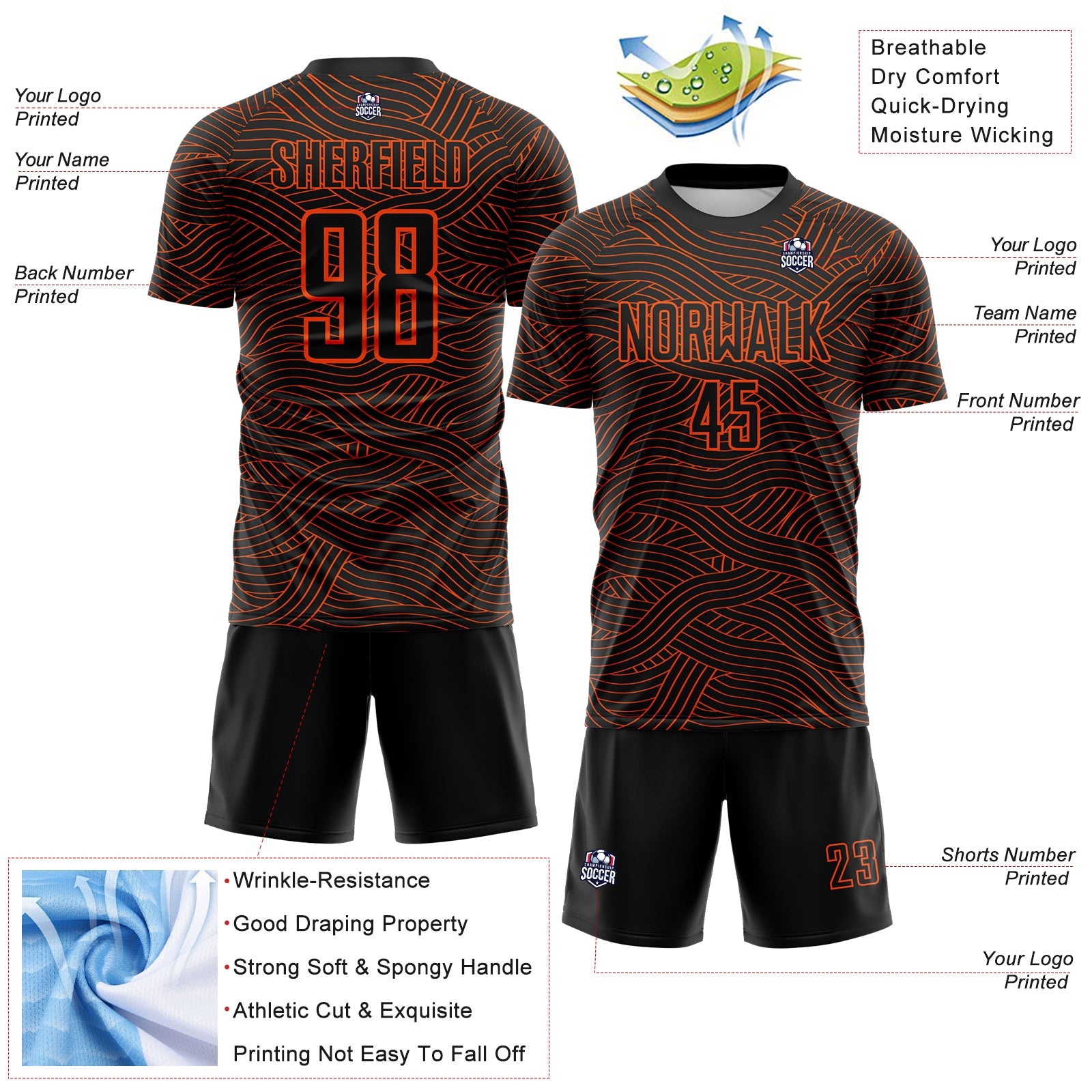 Custom Black-Orange Abstract Wave Lines Interlocking Sublimation Soccer Uniform Jersey view 4