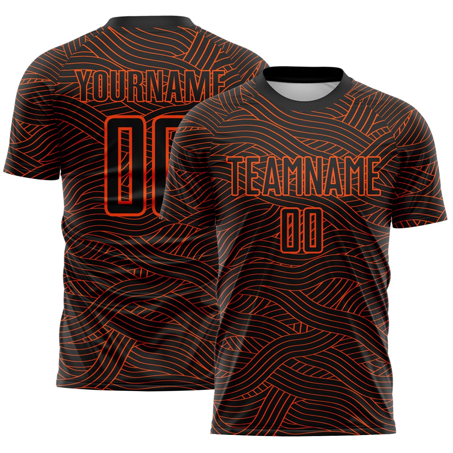 Custom Black-Orange Abstract Wave Lines Interlocking Sublimation Soccer Uniform Jersey - Main View