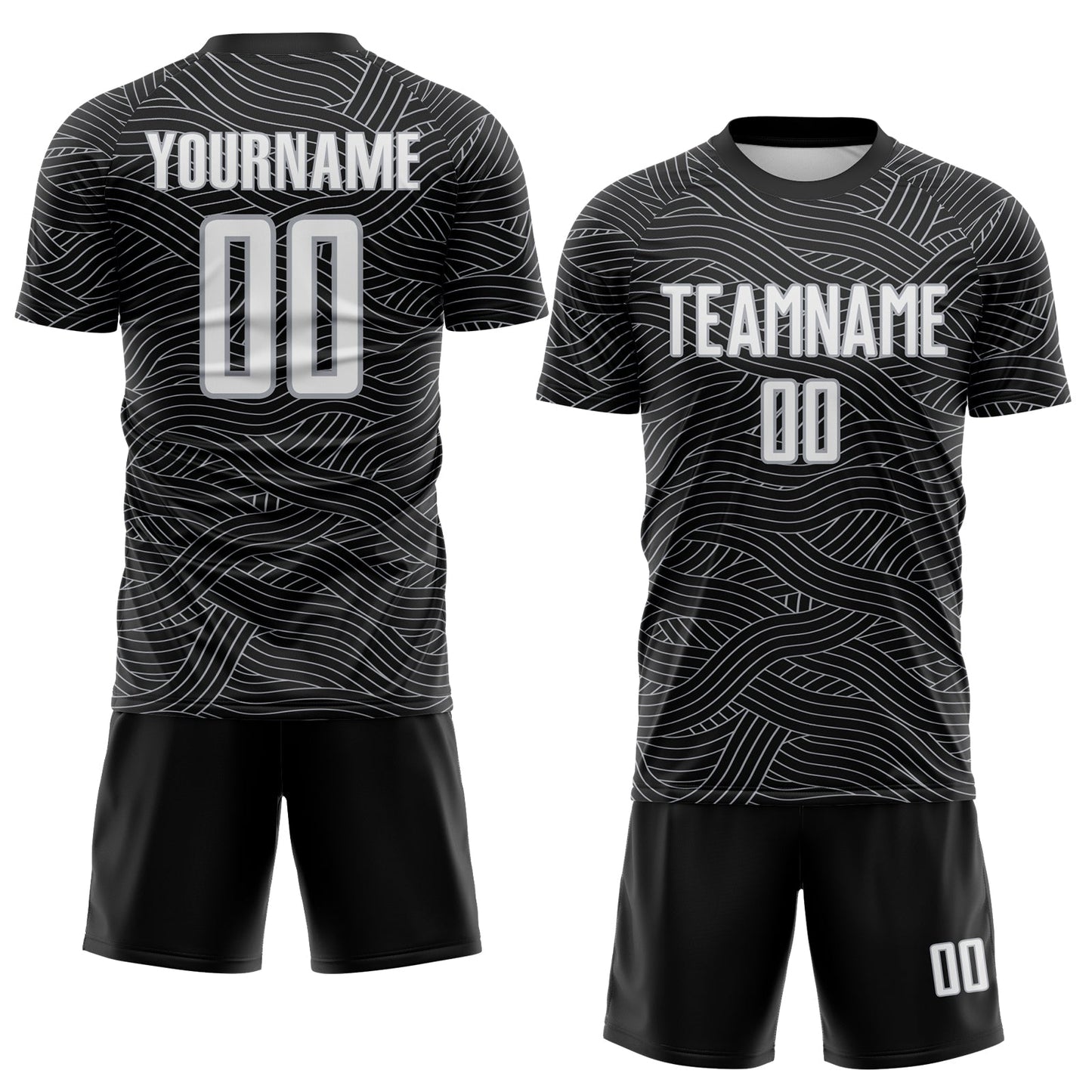 Custom Black White-Gray Abstract Wave Lines Interlocking Sublimation Soccer Uniform Jersey view 2