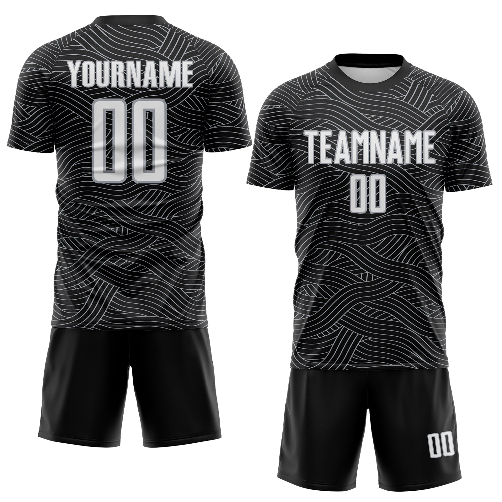 Custom Black White-Gray Abstract Wave Lines Interlocking Sublimation Soccer Uniform Jersey view 2