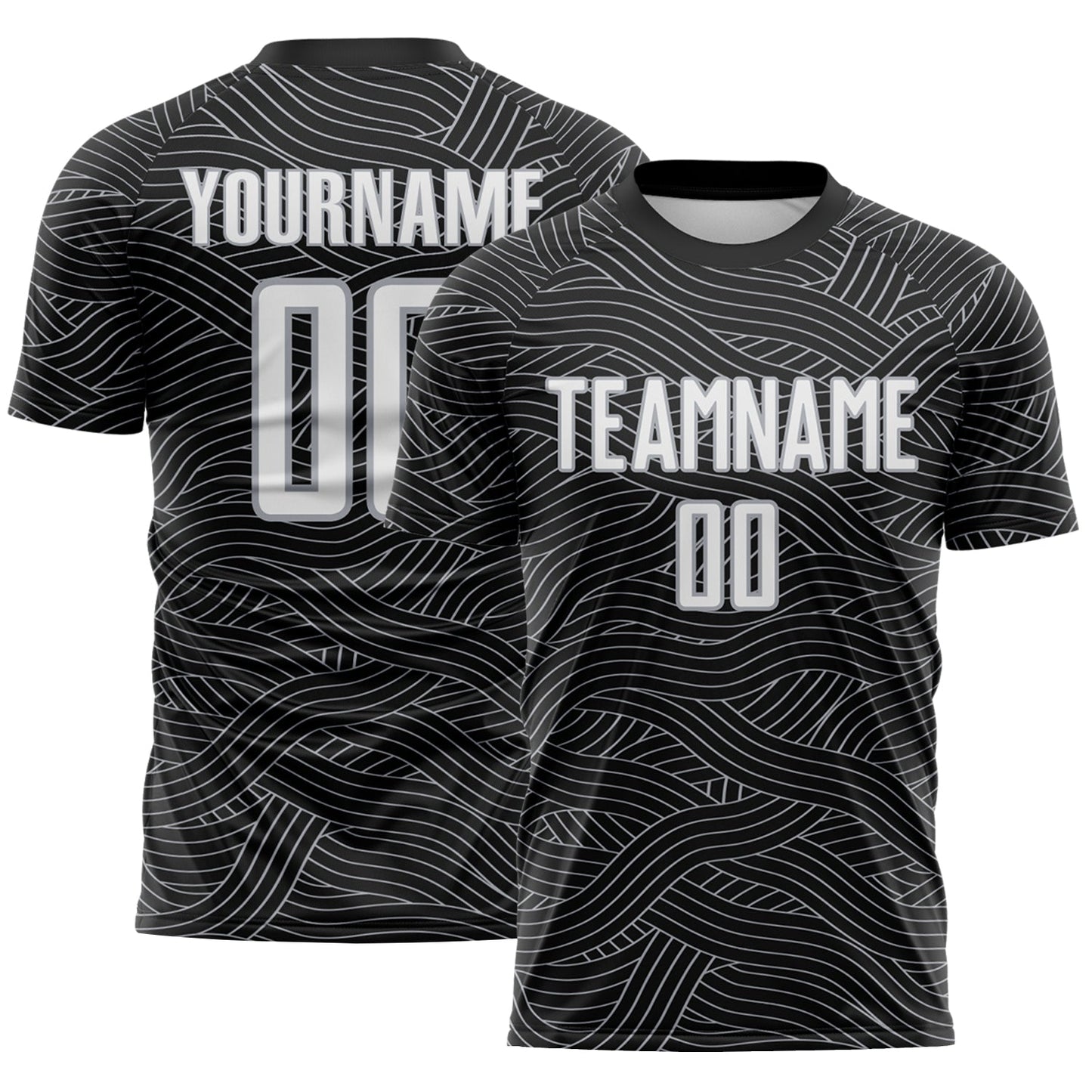 Custom Black White-Gray Abstract Wave Lines Interlocking Sublimation Soccer Uniform Jersey - Main View