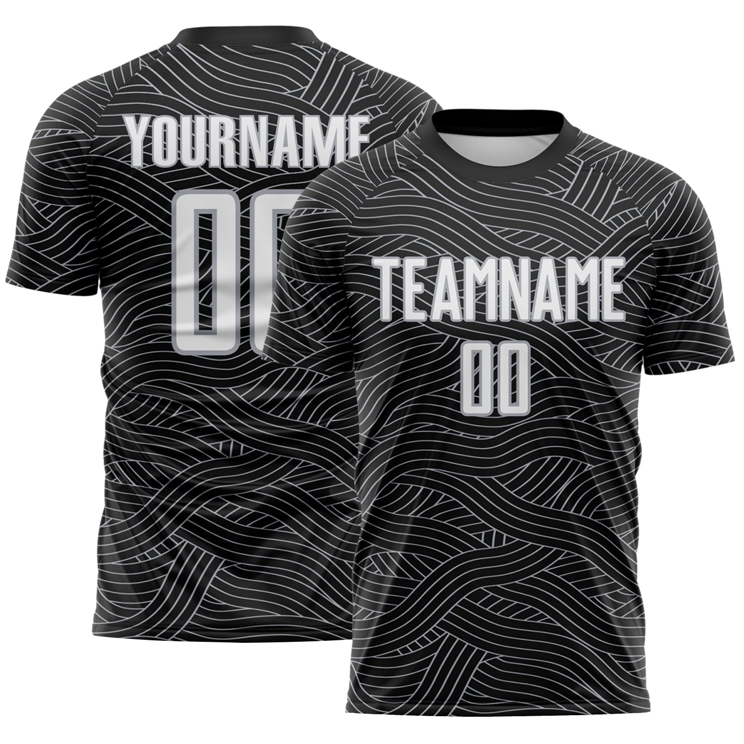 Custom Black White-Gray Abstract Wave Lines Interlocking Sublimation Soccer Uniform Jersey - Main View