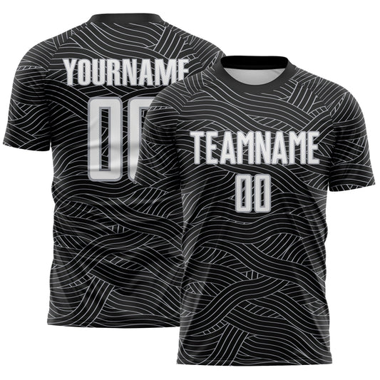 Custom Black White-Gray Abstract Wave Lines Interlocking Sublimation Soccer Uniform Jersey - Main View