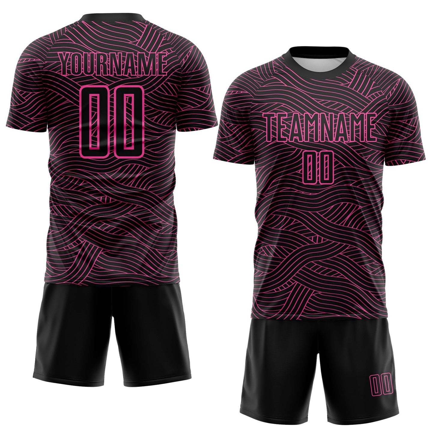 Custom Black-Pink Abstract Wave Lines Interlocking Sublimation Soccer Uniform Jersey view 2