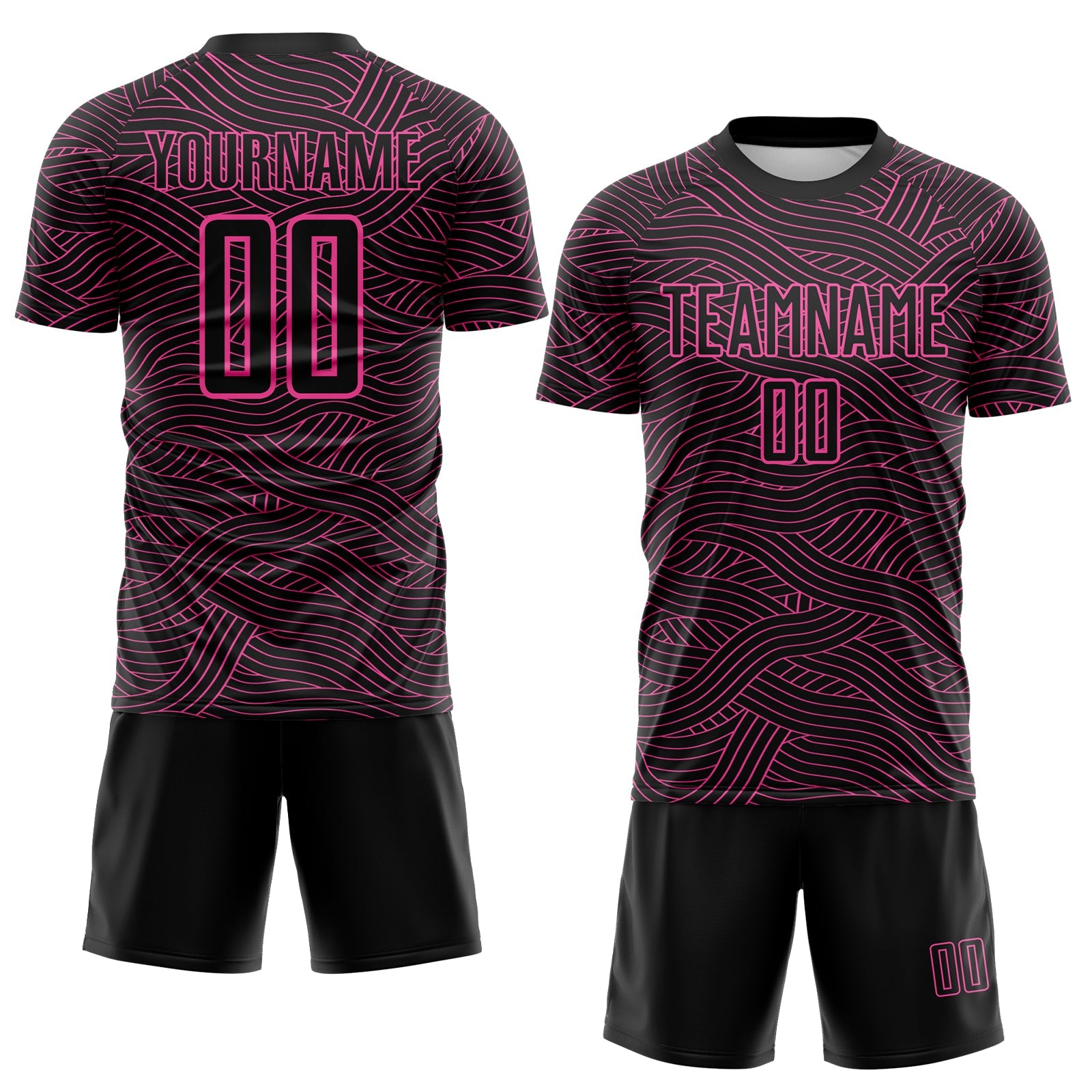 Custom Black-Pink Abstract Wave Lines Interlocking Sublimation Soccer Uniform Jersey view 2