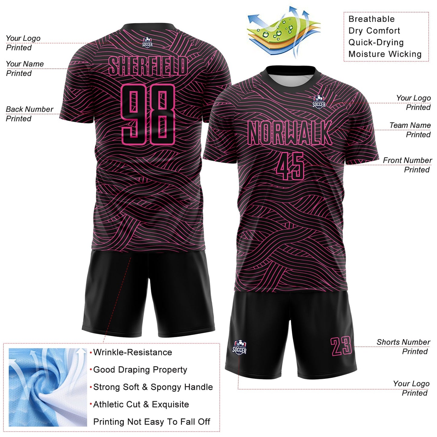 Custom Black-Pink Abstract Wave Lines Interlocking Sublimation Soccer Uniform Jersey view 4