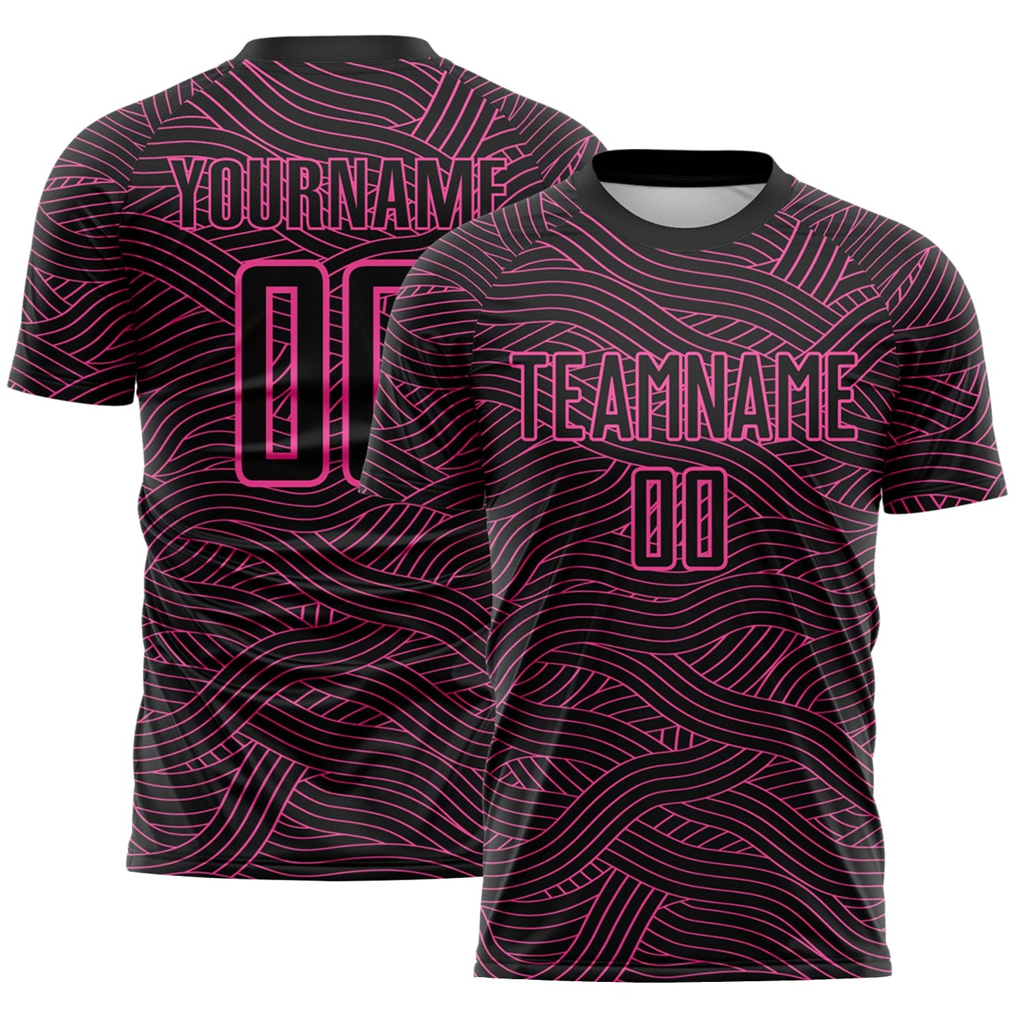 Custom Black-Pink Abstract Wave Lines Interlocking Sublimation Soccer Uniform Jersey - Main View