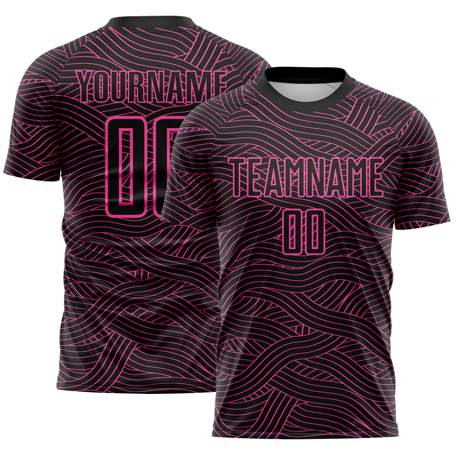 Custom Black-Pink Abstract Wave Lines Interlocking Sublimation Soccer Uniform Jersey - Main View