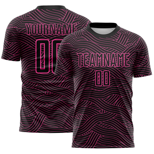 Custom Black-Pink Abstract Wave Lines Interlocking Sublimation Soccer Uniform Jersey - Main View