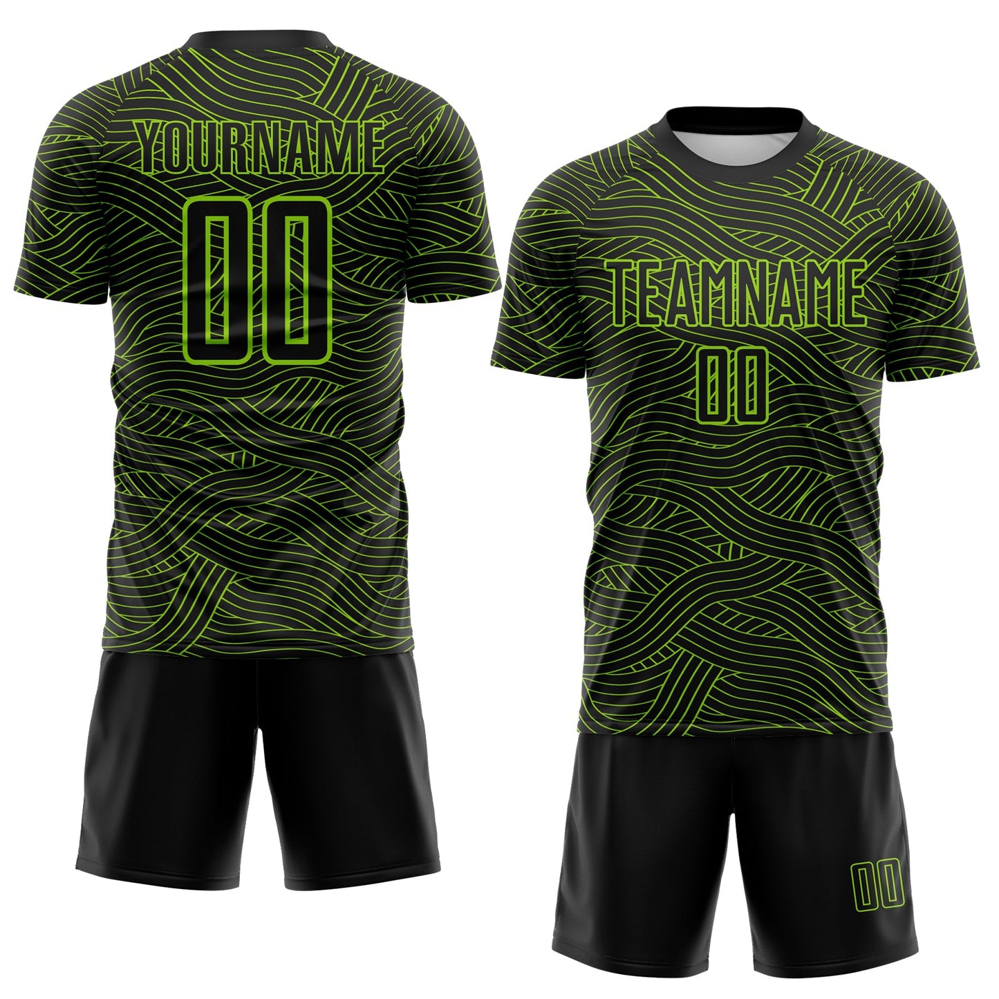 Custom Black-Neon Green Abstract Wave Lines Interlocking Sublimation Soccer Uniform Jersey view 2