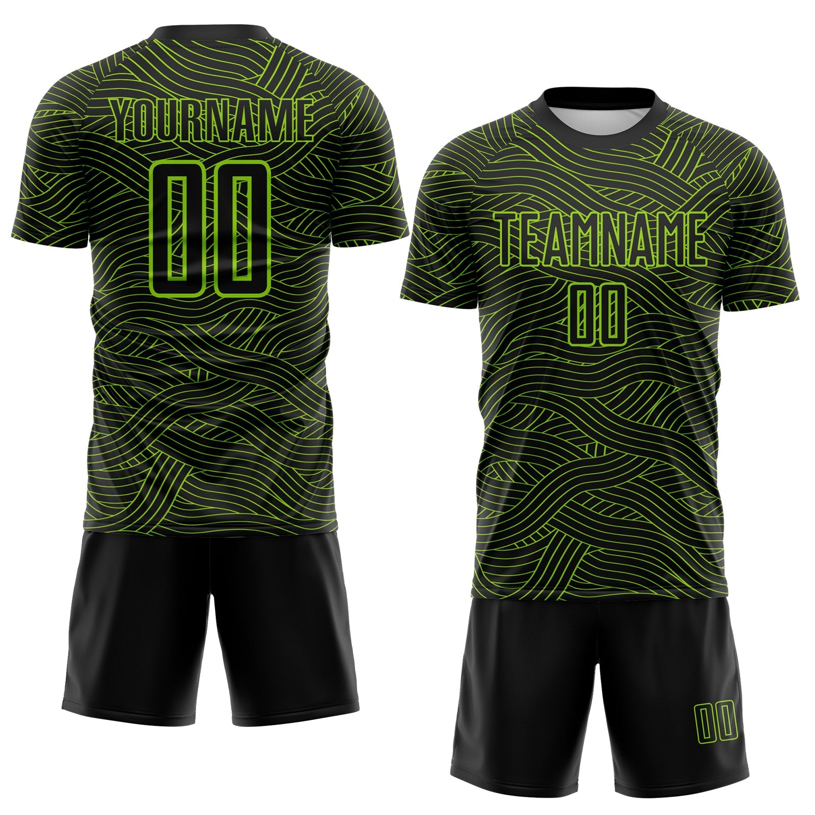 Custom Black-Neon Green Abstract Wave Lines Interlocking Sublimation Soccer Uniform Jersey view 2