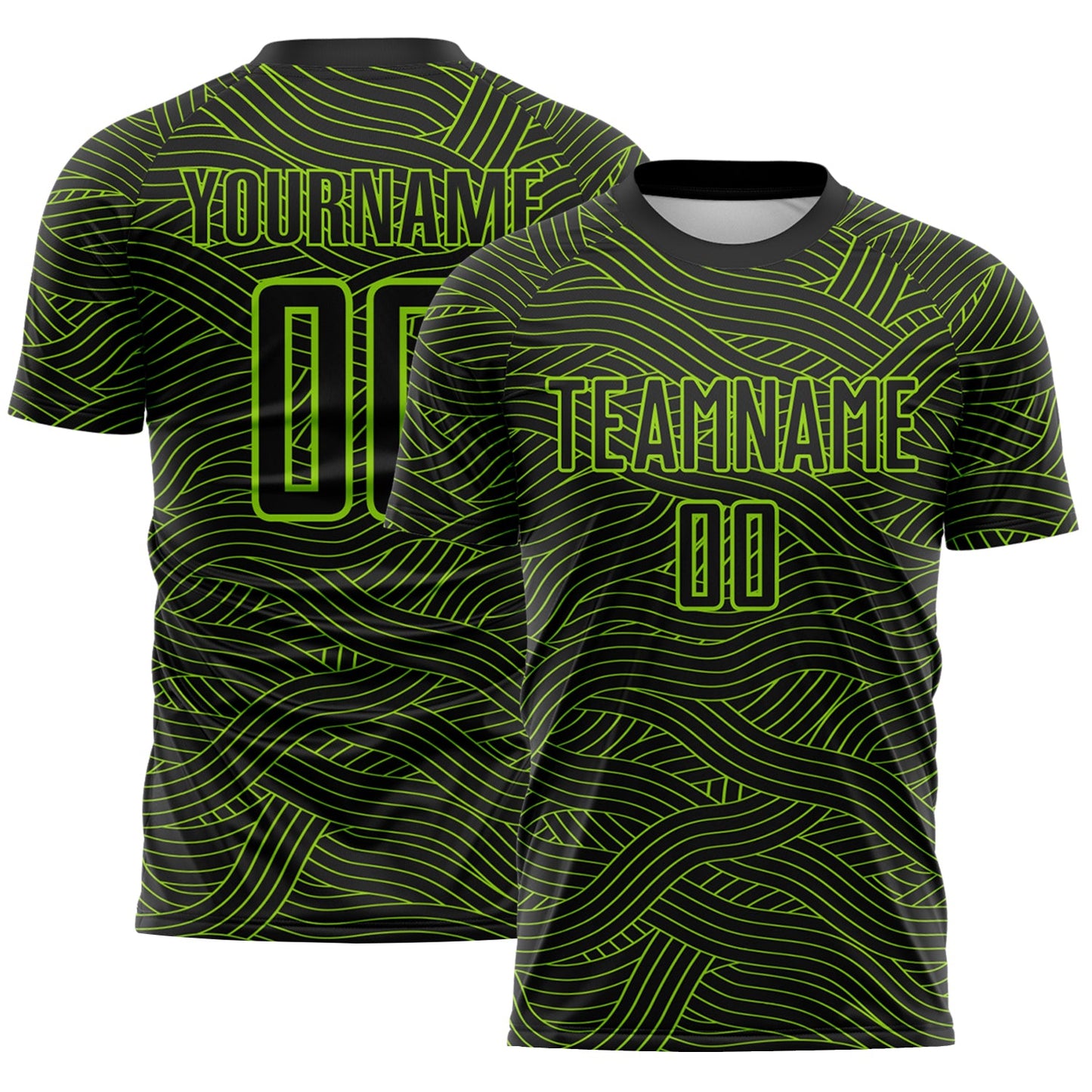 Custom Black-Neon Green Abstract Wave Lines Interlocking Sublimation Soccer Uniform Jersey - Main View