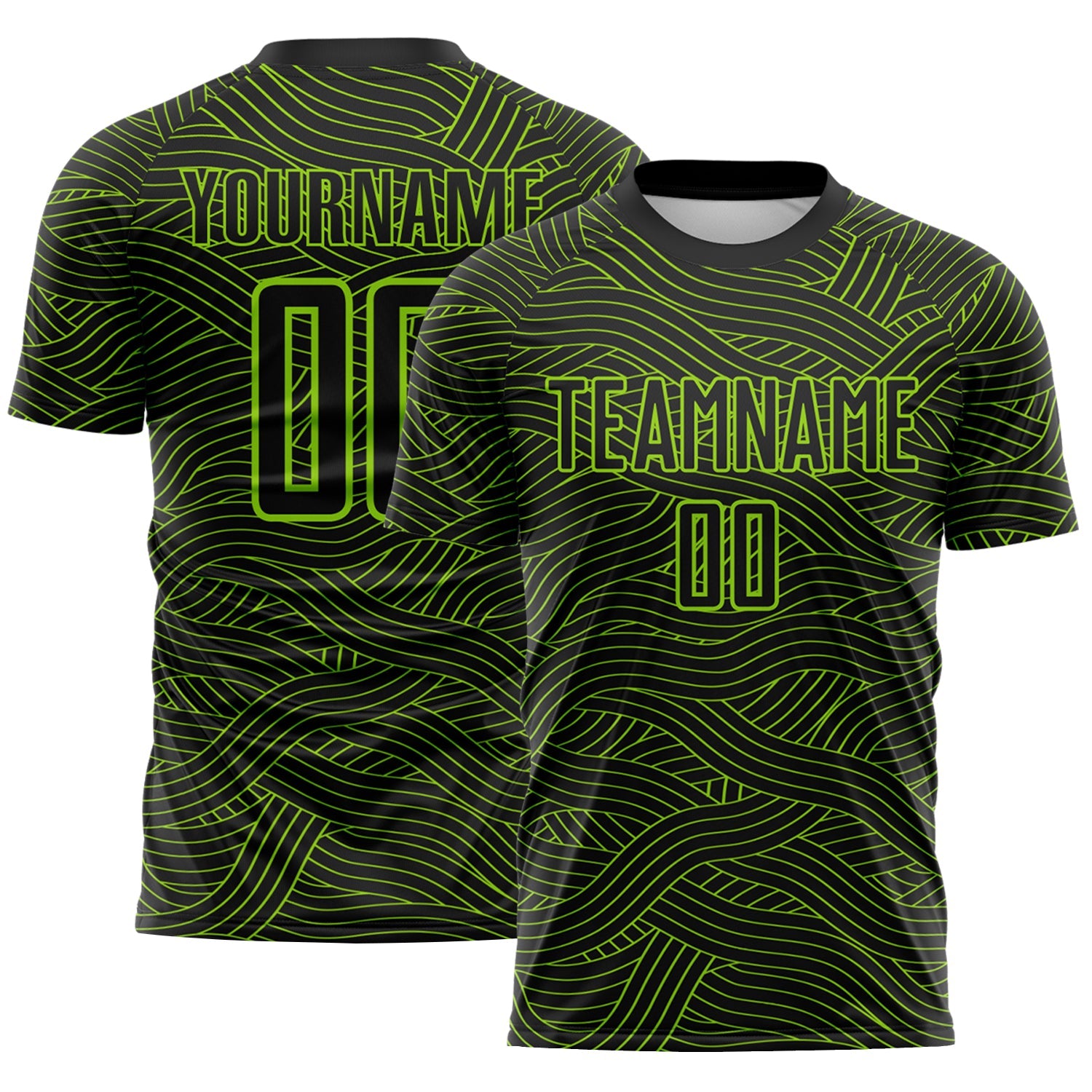 Custom Black-Neon Green Abstract Wave Lines Interlocking Sublimation Soccer Uniform Jersey - Main View