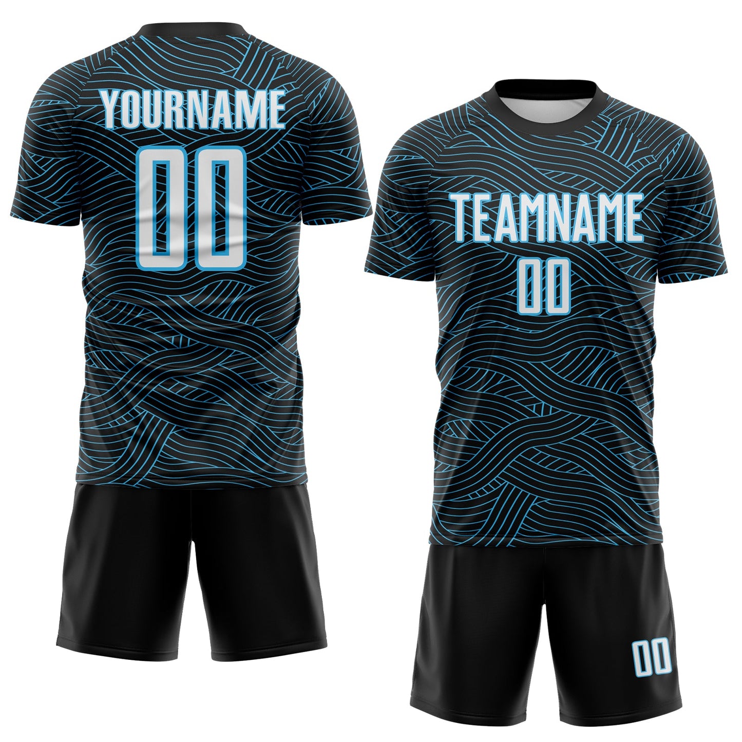 Custom Black White-Sky Blue Abstract Wave Lines Interlocking Sublimation Soccer Uniform Jersey view 2