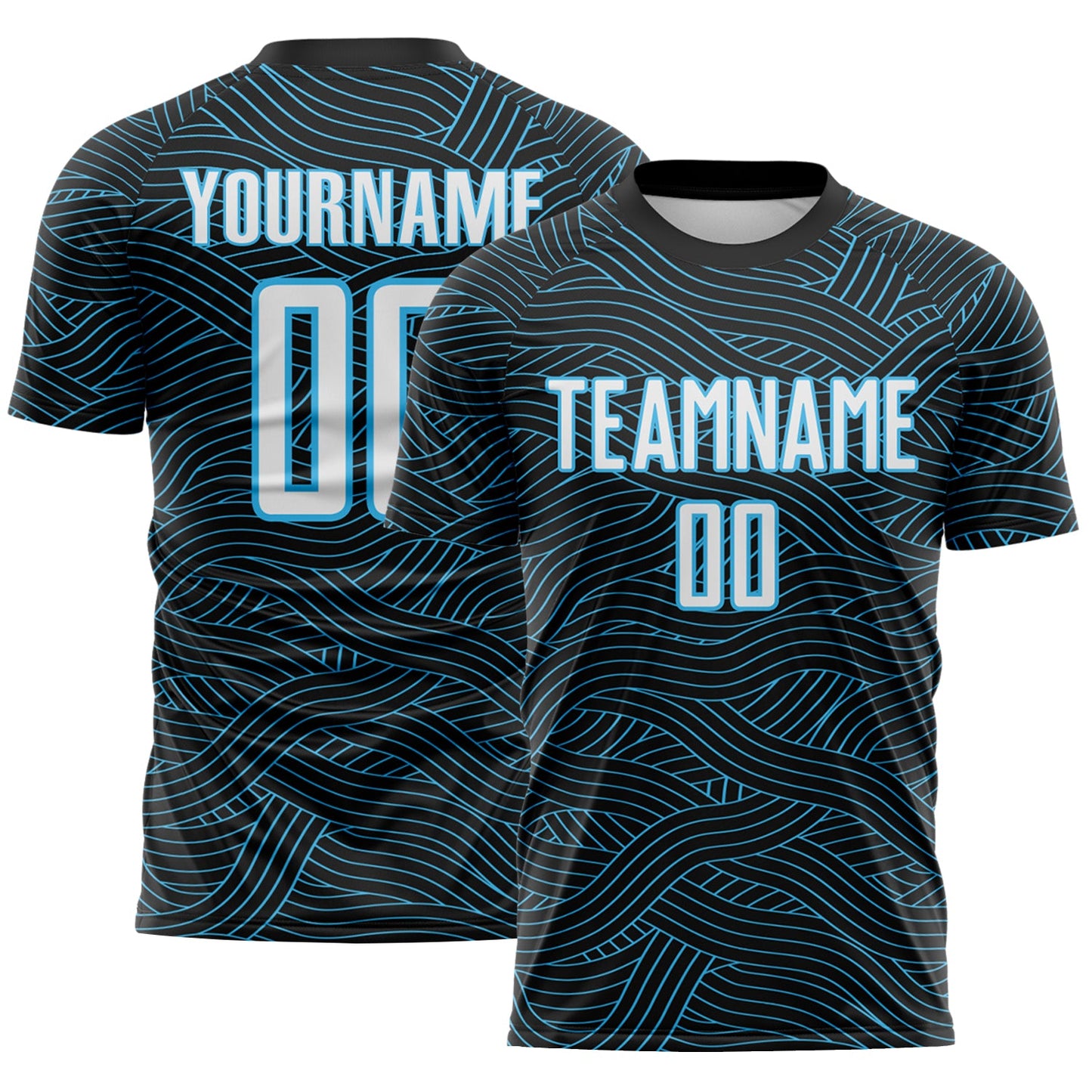 Custom Black White-Sky Blue Abstract Wave Lines Interlocking Sublimation Soccer Uniform Jersey - Main View