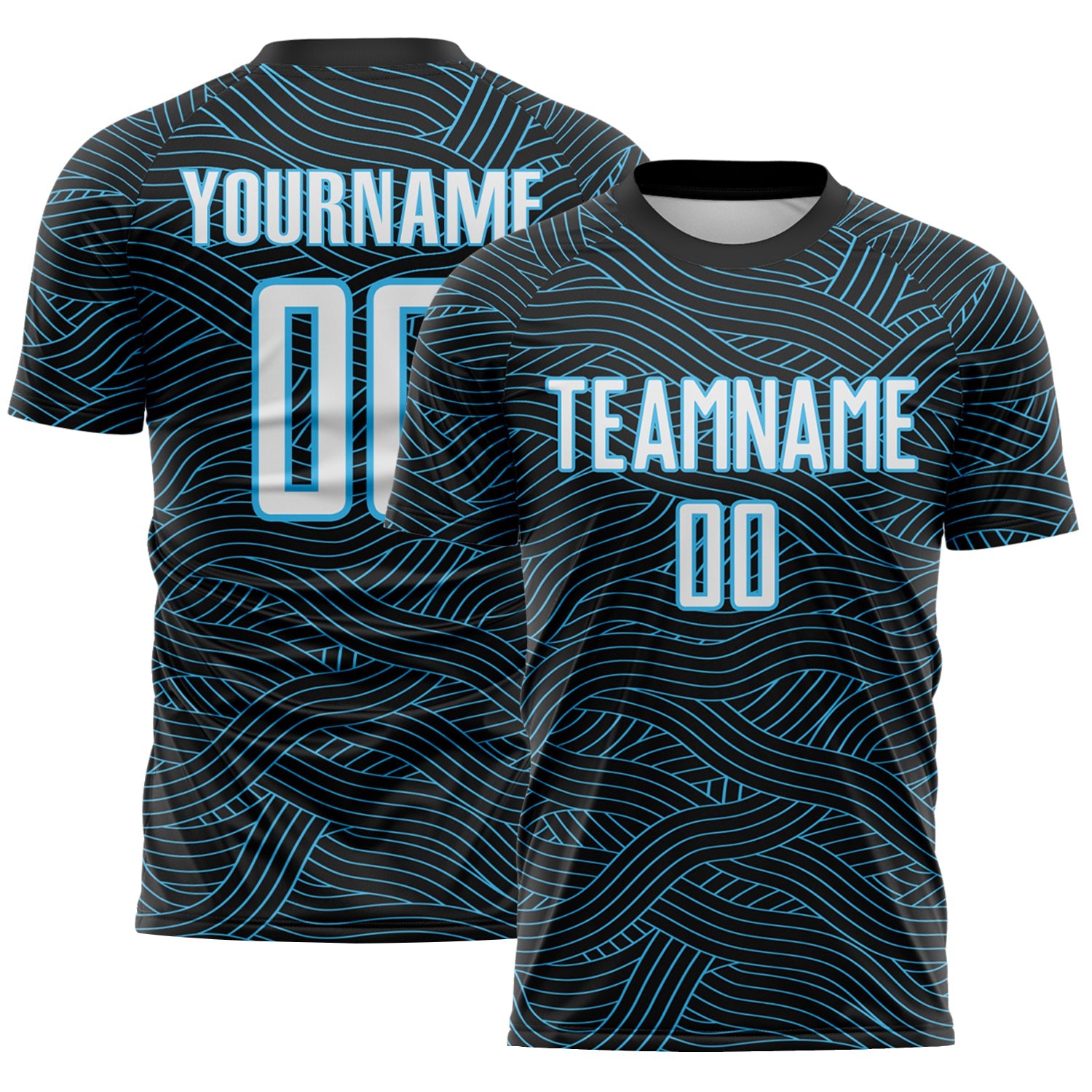 Custom Black White-Sky Blue Abstract Wave Lines Interlocking Sublimation Soccer Uniform Jersey - Main View