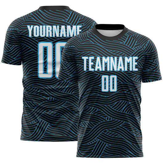 Custom Black White-Sky Blue Abstract Wave Lines Interlocking Sublimation Soccer Uniform Jersey - Main View