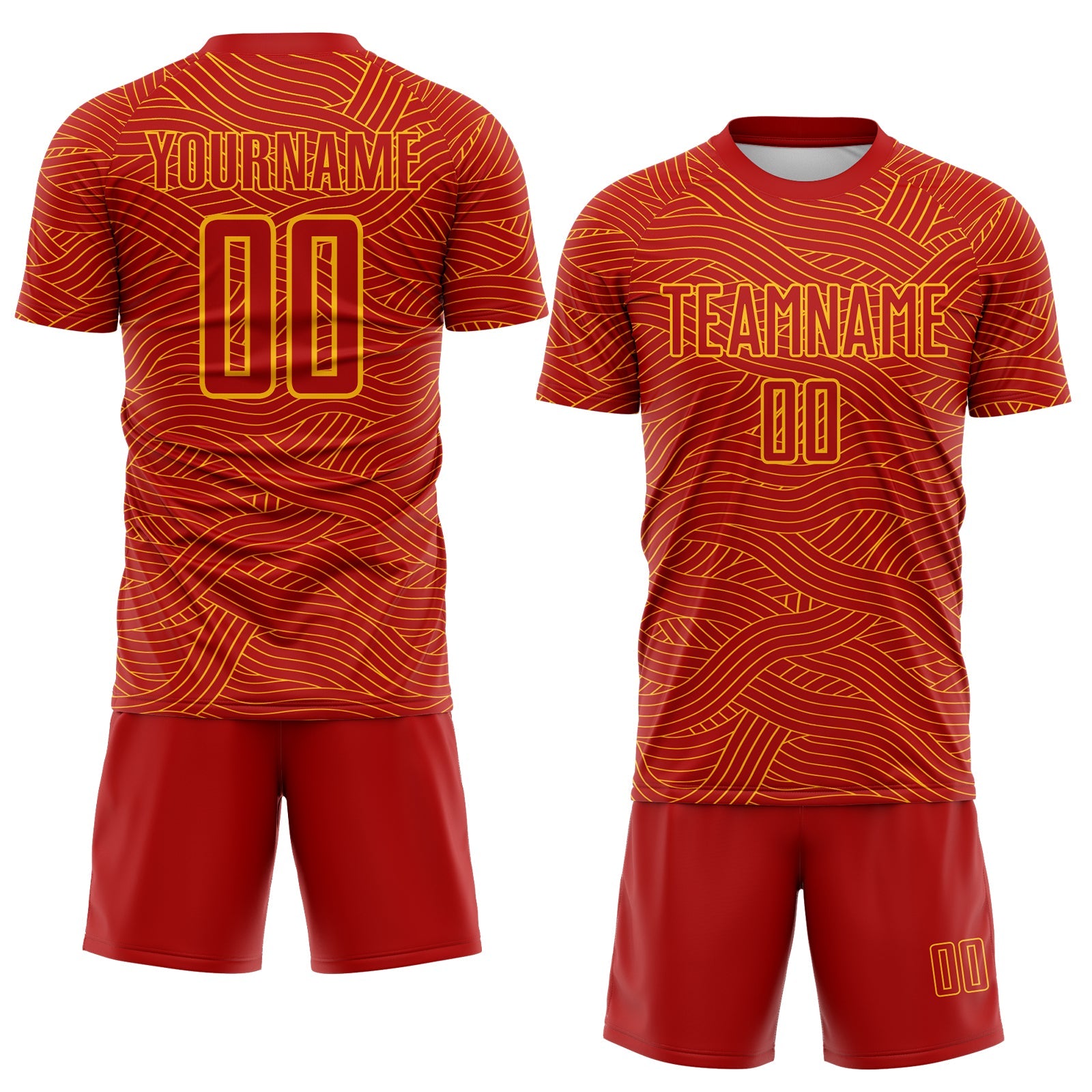 Custom Red-Gold Abstract Wave Lines Interlocking Sublimation Soccer Uniform Jersey view 2
