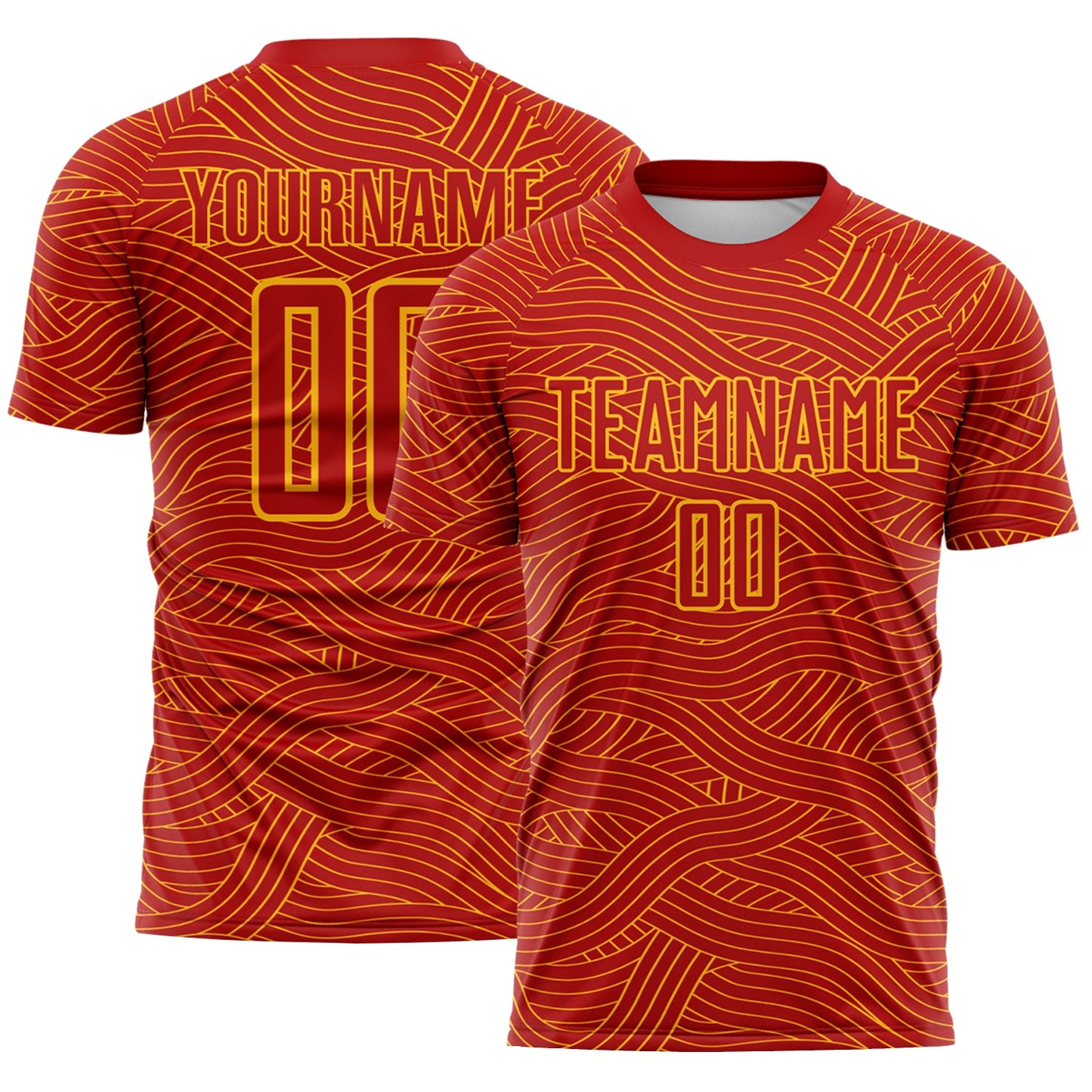 Custom Red-Gold Abstract Wave Lines Interlocking Sublimation Soccer Uniform Jersey - Main View