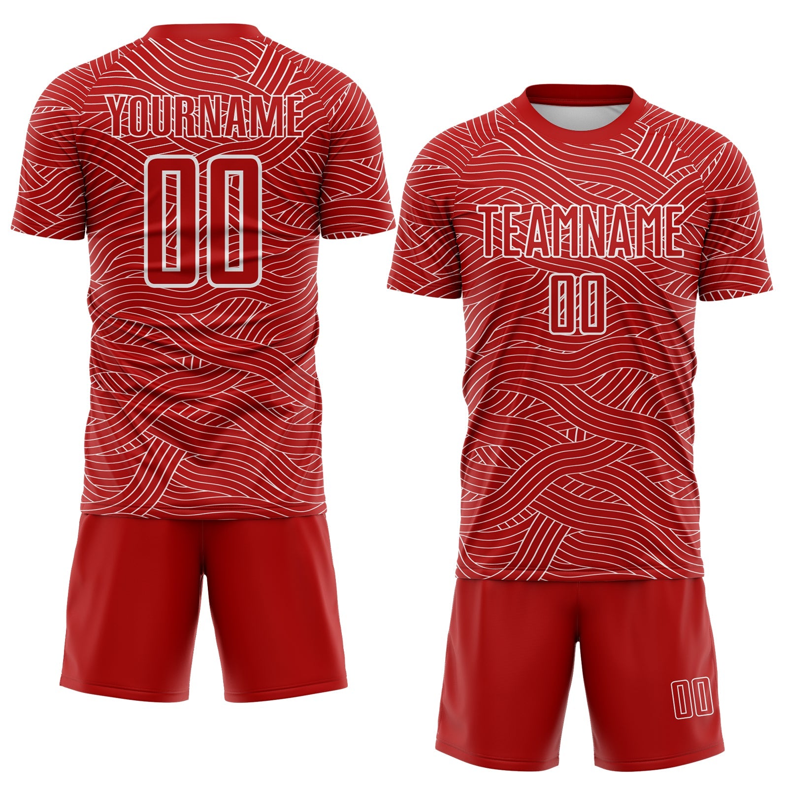 Custom Red-White Abstract Wave Lines Interlocking Sublimation Soccer Uniform Jersey view 2